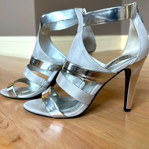 Silver, thick-strapped heels